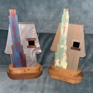 Vintage Colorful Abstract Wooden Sculptures House Bookends
